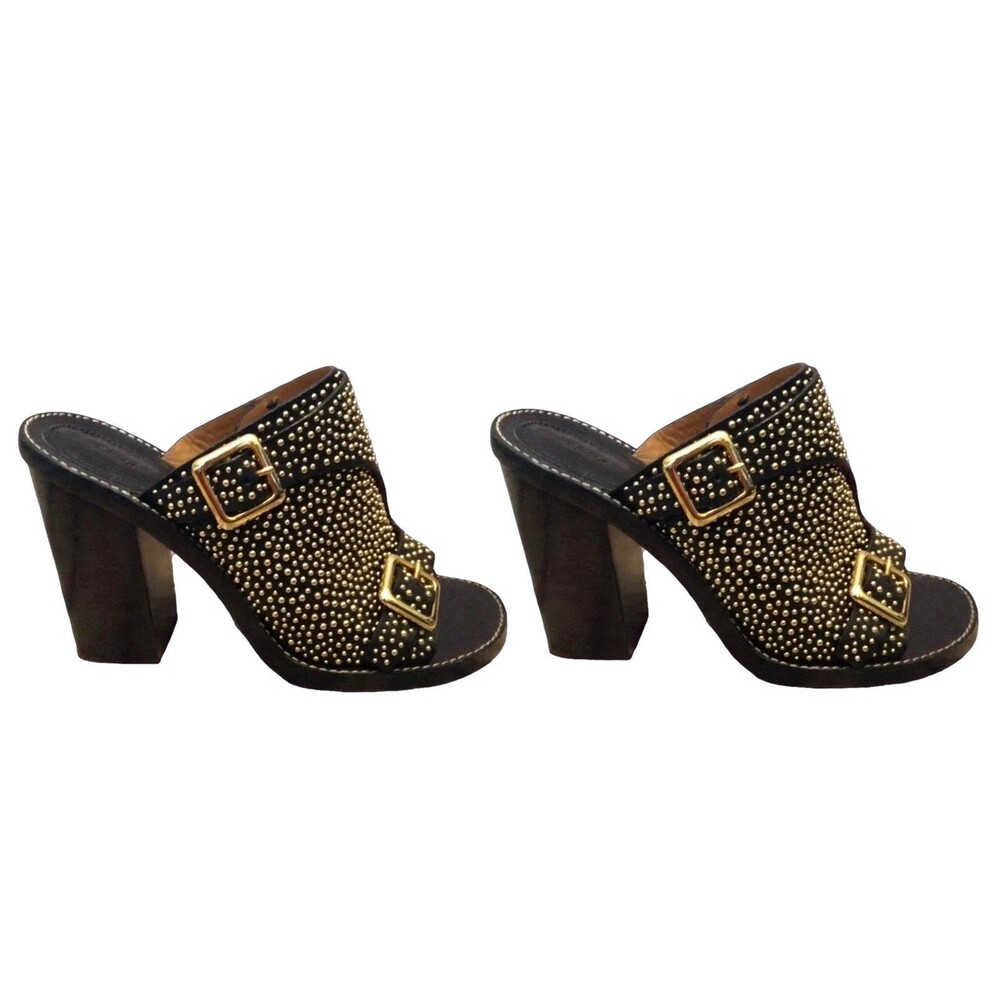 Chloe Susanna Gold Studded Mules 38 Black Leather Block Heel Italy